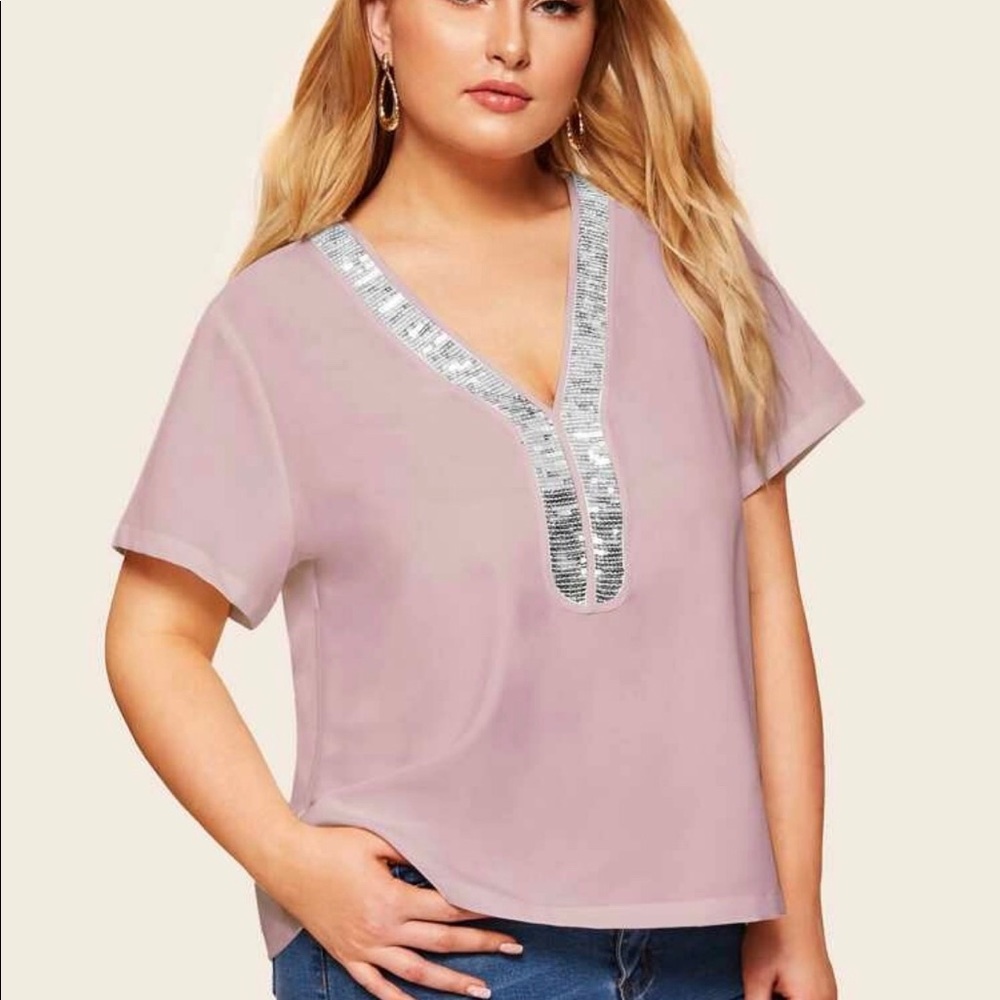 Pink Silver Sequin V Neck Top
